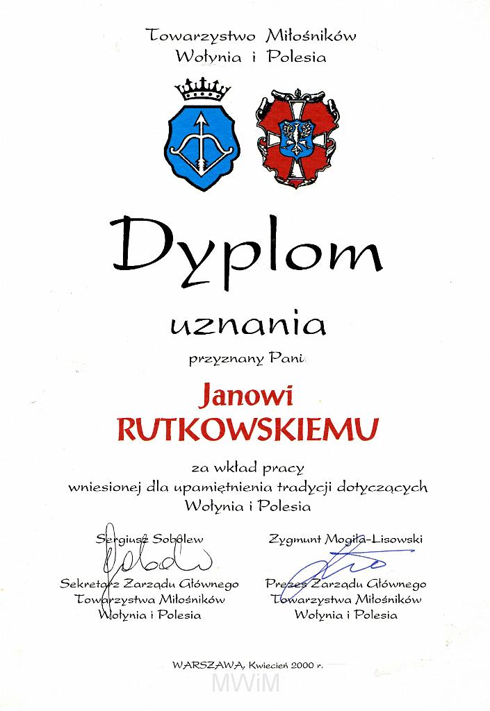 KKE 3228.jpg - Dyplom, Jana Rutkowskiego za upowszechnienie tradycji dotyczącej Wołynia i Polesia, Warszawa, 2000 r.